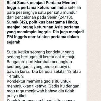 Tangkapan layar sebuah pesan di aplikasi perpesanan WhatsApp yang menceritakan kisah ibu mertua Perdana Menteri Inggris Rishi Sunak, Sudha Murti.