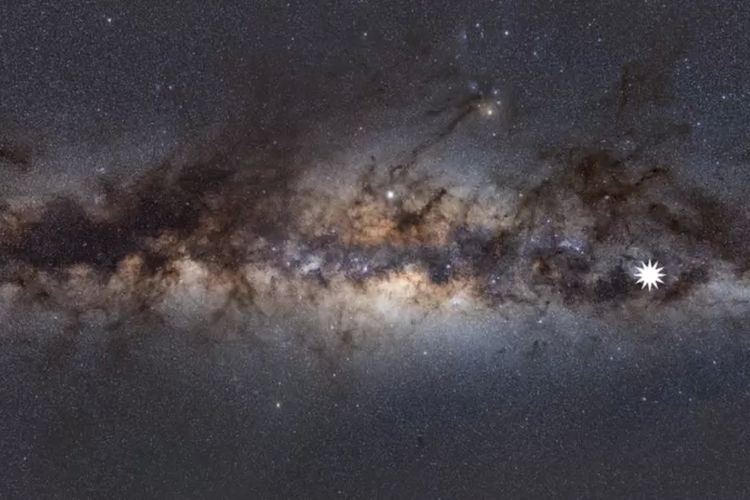 Gambar galaksi Bimasakti dilihat dari bumi dengan ikon bintang yang menunjukkan posisi objek misterius yang berputar dan menyala.