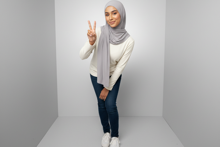 Foto perempuan berhijab Classic Photobox Look hasil dari Google Gemini AI