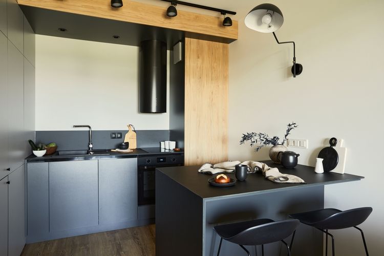 Ilustrasi dapur dengan nuansa warna hitam, furnitur hitam.