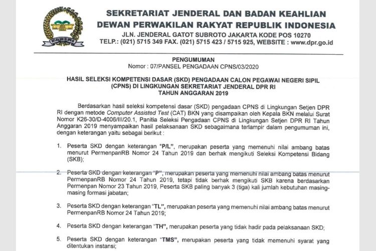 Pengumuman hasil seleksi SKD Pengadaan CPNS 2019 di lingkungan Setjen DPR RI