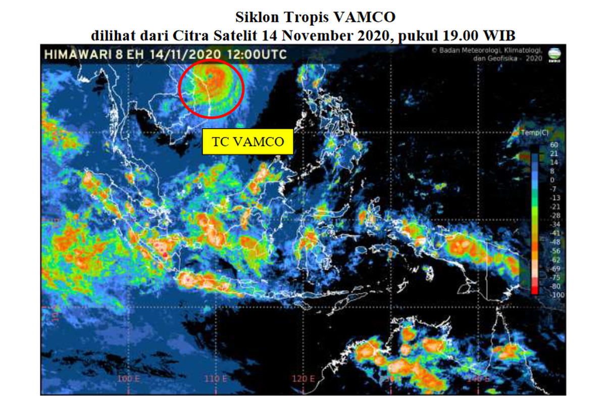 Siklon tropis Vamco dilihat dari Citra Satelit Sabtu (!4/11/2020) pukul 19.00 WIB, ada di utara Natuna dan bergerak menjauhi Indonesia.