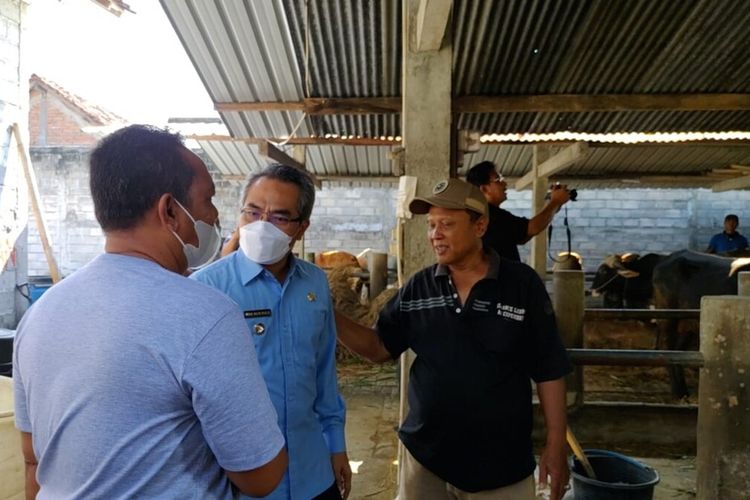 Bupati Bantul Abdul Halim Muslih (masker putih menghadap kamera) berbincang dengan peternak di Kapanewon Pleret, Bantul Selasa (14/6/2022)