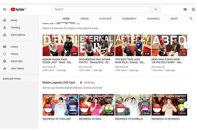 Tangkapan layar akun Youtube Kimi Hime.