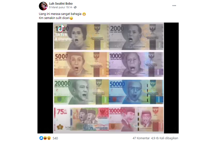 Tangkapan layar unggahan video yang menampilkan sejumlah foto pahlawan yang ada di <a href='https://manado.tribunnews.com/tag/uang-kertas' title='uang kertas'>uang kertas</a> dibuat parodi seakan bisa bergerak dan berbicara.