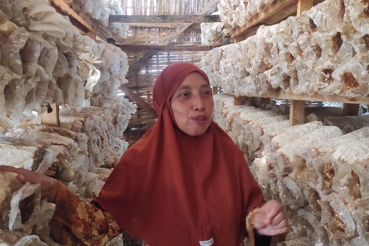 Urbaningsih (55), salah satu emak-emak yang menjadi pekerja di Sentra Jamur Batang, Kabupaten Batang, Jawa Tengah, Selasa (30/5/2023). 