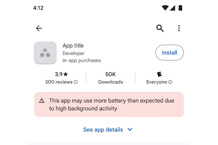 Tangkapan layar tampilan label peringatan di Google Play Store untuk aplikasi yang dinilai berpotensi menghabiskan daya baterai perangkat ponsel di latar belakang. 