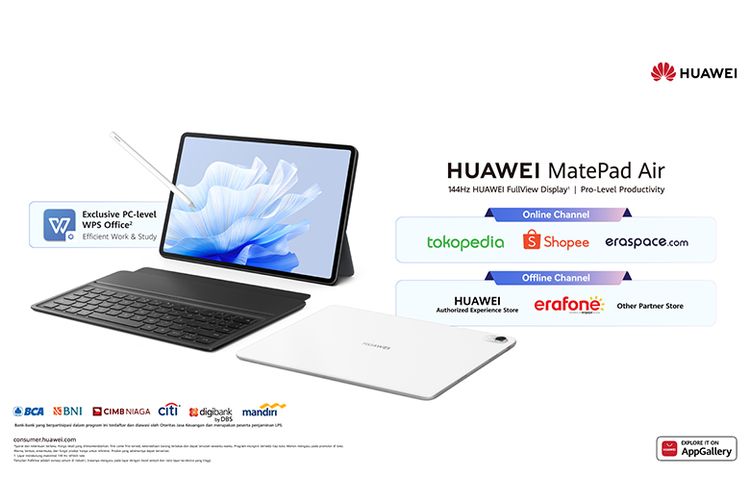 Pemesanan Huawei MatePad Air dapat dilakukan secara online melalui Huawei Official Store di Tokopedia, Shopee, dan eraspace.com. 