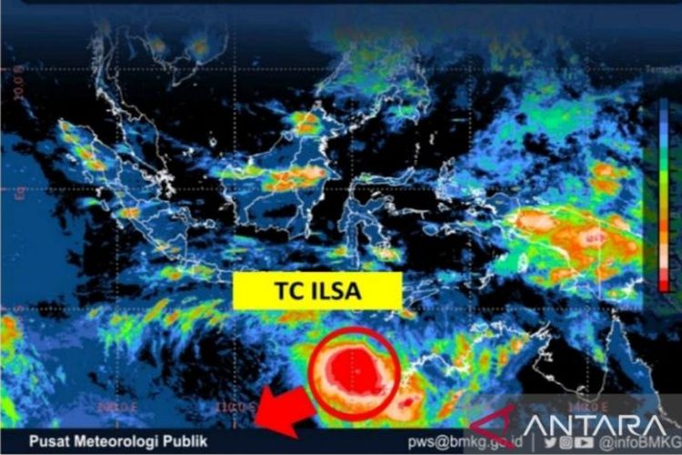 Screen grab from the Meteorology, Climatology, and Geophysics Agency (BMKG) shows movement of Tropical Cyclone Ilsa in the Indian Ocean or about 580 km south-southwest of Rote Island, East Nusa Tenggara (NTT) that had an indirect impact on the weather in parts of Bali on April 12, 2023. 