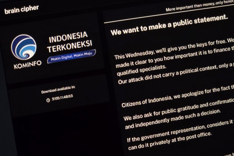 Hacker Brain Cipher merilis pernyataan maaf maaf kepada warga Indonesia atas serangan ransomware ke server PDNS 2 Surabaya.