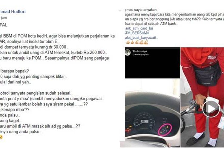 Viral unggahan pengguna Facebook bernama Ahmad Hudlori yang menampilkan video pembuktian uang kertas palsu yang disiram bensin oleh petugas SPBU pada Rabu (8/5/2019).