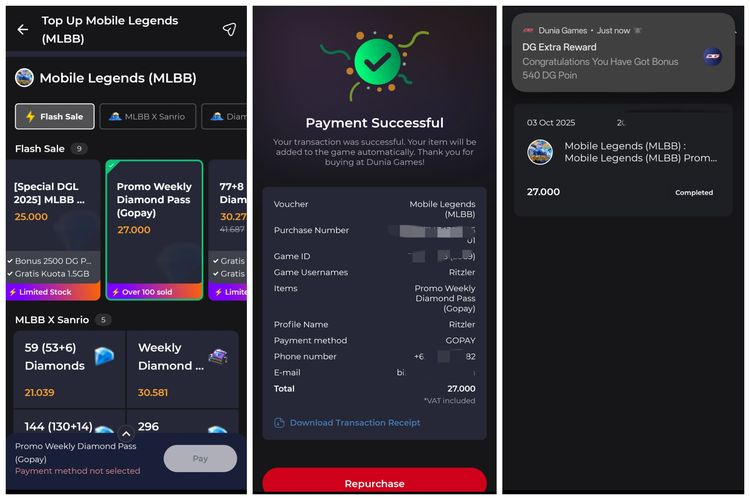 Cara top-up diamond Mobile Legends atau beli Weekly Diamond Pass di aplikasi Dunia Games.