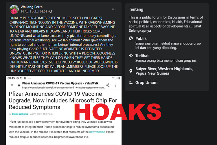 Tangkapan layar hoaks vaksin Pfizer diperbarui dengan chip Microsoft