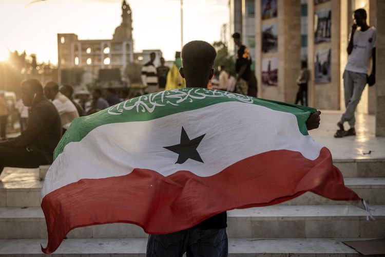Seorang pria memegang bendera Somaliland di depan monumen Peringatan Perang Hargeisa di Hargeisa pada 7 November 2024.