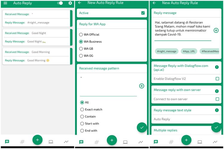 Cara membuat pesan balasan otomatis WhatsApp Business lewat aplikasi Auto Reply.