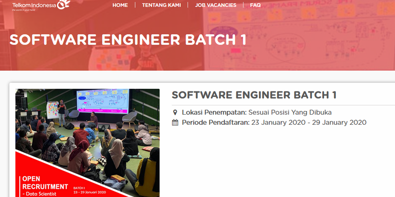Tampilan halaman awal laman resmi perekrutan PT Telkom Indonesia.