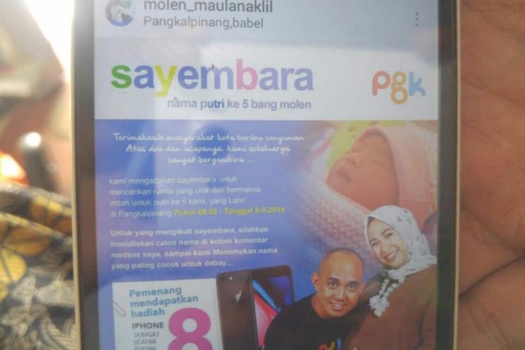 Sayembara mencarikan nama bayi di akun Instagram Wali Kota Pangkal Pinang, Maulan Aklil.
