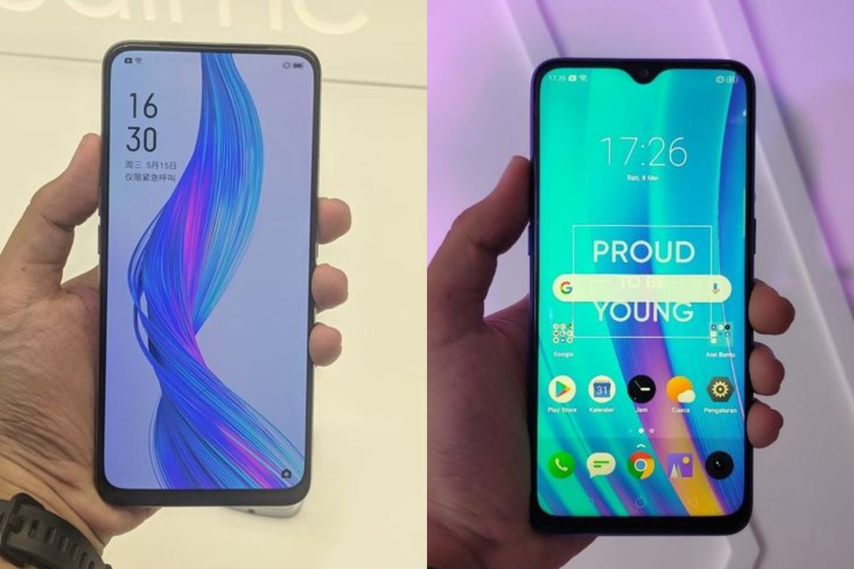 Ilustrasi tampak depan Realme X (kiri) dan Realme 3 Pro (kanan) dalam genggaman.