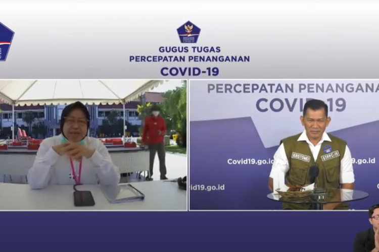 Wali Kota Surabaya Tri Rismaharini menjadi salah satu pembicara dalam dialog bertajuk Zona Risiko Tinggi: Bagaimana Beradaptasi?” yang digelar  Gugus Tugas Penanganan Covid-19, Selasa (23/6/2020).