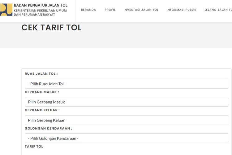 Tampilan layar cek tarif tol online via situs BPJT.