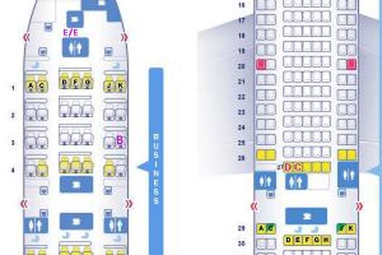 Peta kursi B777-200 MH370, B: posisi duduk penumpang Rusia yang dekat dengan E/E bay, CD: posisi penumpang berpaspor Ukraina yang dekat dengan instalasi Satcom.