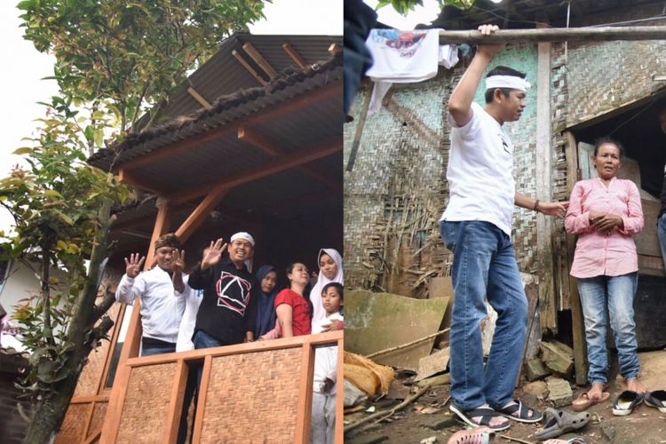 (kiri) calon Wakil Gubernur Jawa Barat Dedi Mulyadi meresmikan rumah ambruk yang telah dibangun dengan konsep anti-banjir di gang kawasan rawan banjir Dayeuh Kolot, Kabupaten Bandung, Selasa (5/6/2018). (Kanan) rumah ambruk sebelum dibangunkan kembali.