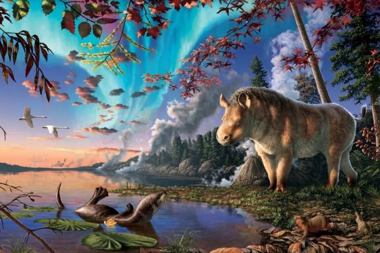 Gambaran artistik Epiatheracerium itjilik dan anjing laut transisi (Puijila darwini) di habitat danau berhutan mereka. 