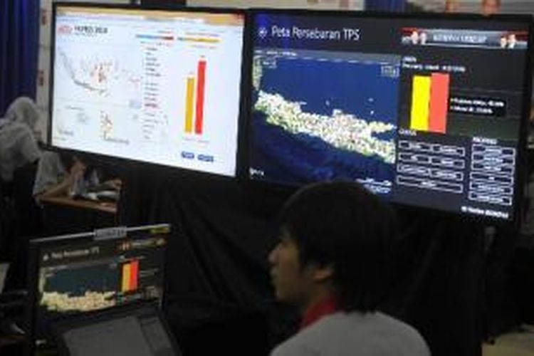 Suasana hitung cepat yang dilakukan Litbang Kompas di Jakarta untuk mengetahui perolehan suara masing-masing kandidat dalam Pemilihan Presiden 2014, Rabu (9/7/2014).