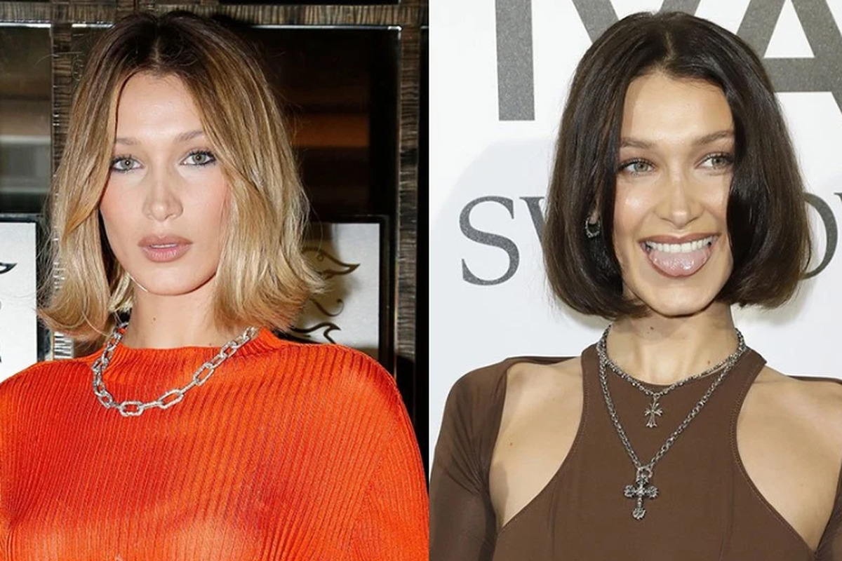 Bella Hadid (kanan) muncul dengan tatanan rambut baru di karpet merah di Vogue Fashion Festival Photocall di Paris, Perancis, Jumat (15/11/2019) lalu.  