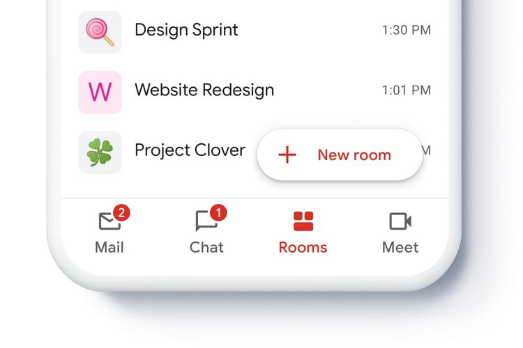 Fitur Chat, Rooms, dan Meet di aplikasi Gmail.