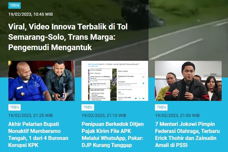Populer Tren hingga Senin (20/1/2023) pagi: kronologi Innova terbalik di tol Semarang-Solo dan jawaban PUPR soal keamanan jembatan kaca Bromo.