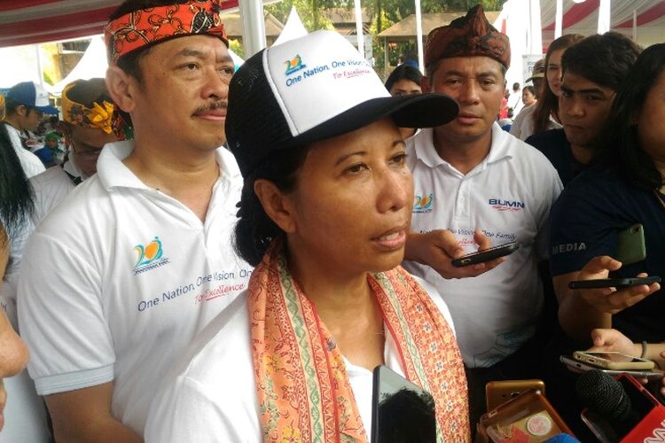 Menteri BUMN Rini Soemarno, saat menghadiri HUT ke-20 Kementerian BUMN di Taman Budaya Sentul, Bogor, Sabtu (14/4/2018).