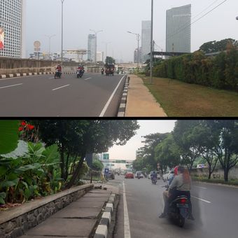 Atas: Penampakan kondisi trotoar di depan Menara 165. 
Bawah: Penampakan kondisi trotoar di depan Citos. 

Menara 165 dan Citos adalah dua lokasi yang berdekatan. Tapi ketiadaan akses pedestrian yang nyaman membuat berjalan kaki terasa lebih lama dan kurang efisien ketimbang menggunakan kendaraan bermotor.