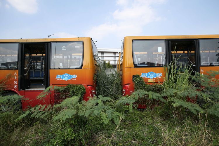 Ratusan bus Transjakarta terbengkalai di Kecamatan Dramaga, Kabupaten Bogor, Jumat (26/7/2019).