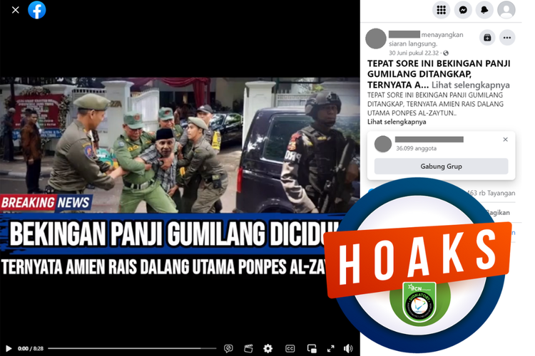 Tangkapan layar unggahan dengan narasi hoaks di sebuah akun Facebook, Jumat (30/6/2023), yang menyebut Amien Rais dalang di balik Ponpes Al-Zaytun.