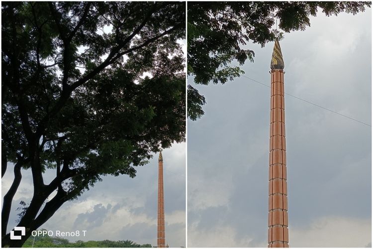 Hasil foto kamera 100 MP mode Hi-res di Oppo Reno 8T 4G ketika memotret Tugu Api Pancasila di TMII. BIsa dilihat, hasil foto yang sudah di-crop (sebelah kanan) mampu menampilkan detail obyek Tugu Api dengan cukup baik, di mana tiang dan bagian atas Tugu Api ternyata memiliki rongga-rongga. Padahal, hal seperti ini tidak terlihat jelas di foto asli 100 MP yang ada di sebelah kiri. 