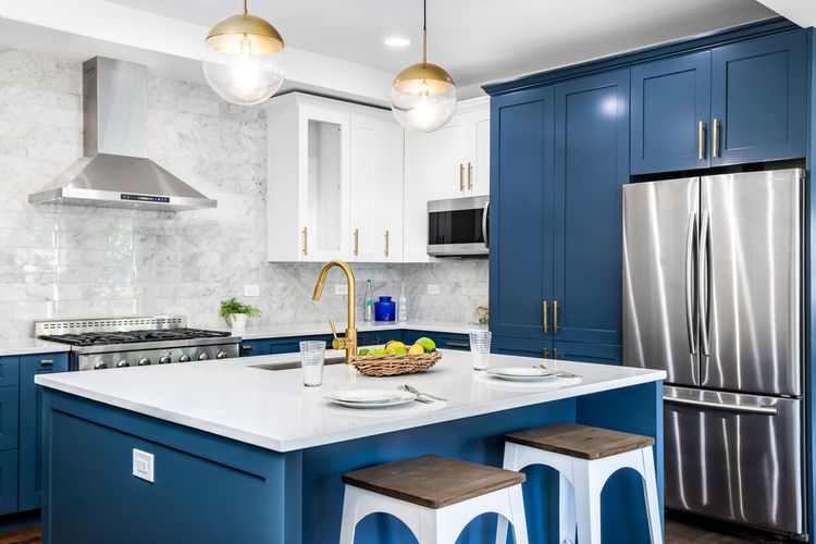 Ilustrasi kitchen set warna biru tua.