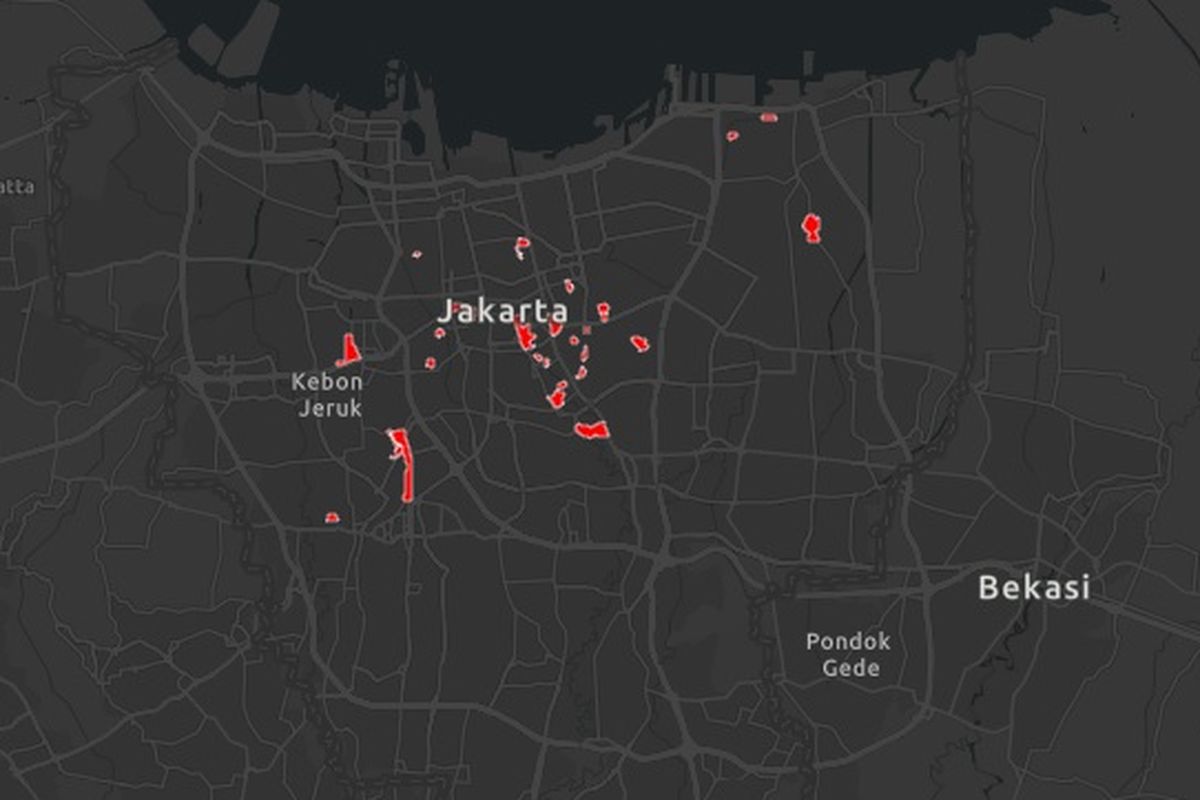 Peta sebaran 30 RW zona merah penularan Covid-19 di Jakarta. RW zona merah tersebar di 28 kelurahan di lima wilayah kota administrasi. Tangkapan layar pada 22 Juli 2020.