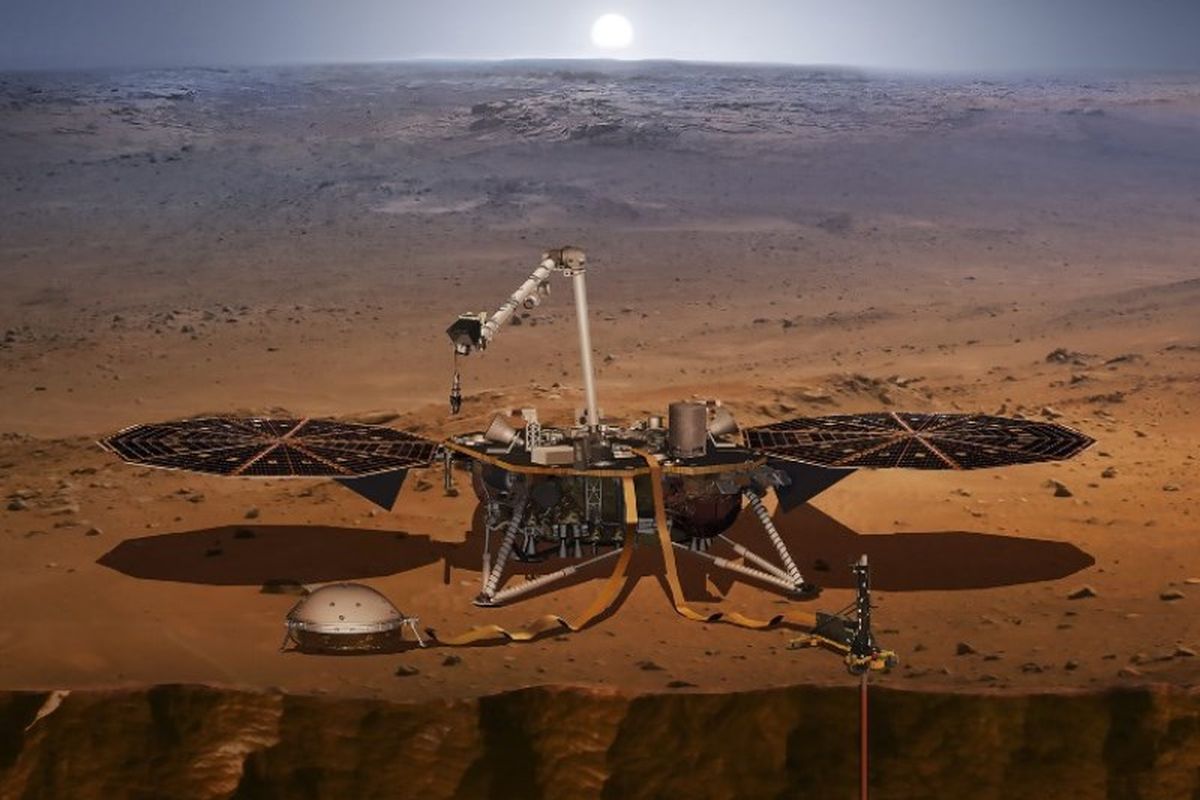 Ilustrasi misi InSight yang akan segera diluncurkan ke Mars oleh NASA. Misi ini akan mengeksplor bagian dalam perut Mars.