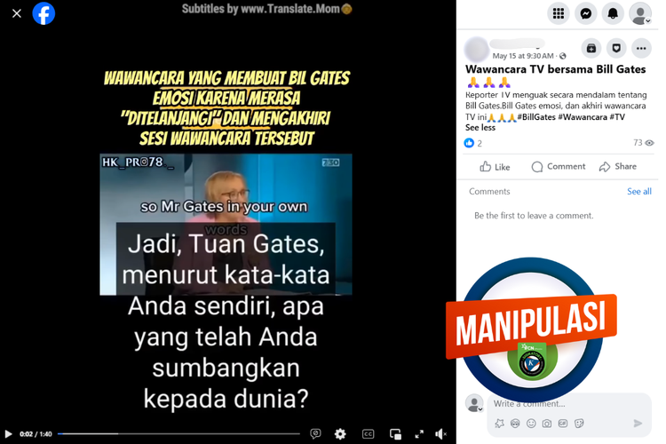 Tangkapan layar konten manipulatif di sebuah akun Facebook, Kamis (15/5/2025), menampilkan video Bill Gates emosi saat diwawancara dan meminta menghentikan tanya jawab.