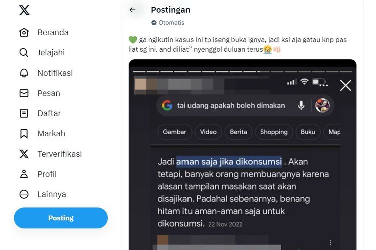 Tangkapan layar soal kotoran udang boleh dimakan.