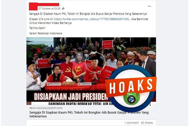 Tangkapan layar Facebook narasi yang menyebut Ganjar disiapkan menjadi presiden oleh PKI