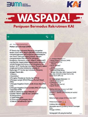 Waspada, Ini Ciri-Ciri Penipuan Berkedok Rekrutmen Mengatasnamakan PT KAI