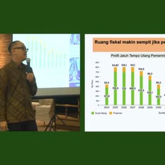 Tangkapan layar dari video yang menunjukkan Direktur Eksekutif Center of Economic and Law Studies (Celios) Bhima Yudhistira menyampaikan pembahasan hasil studi bersama Greenpeace Indonesia, Kamis (24/4/2025).