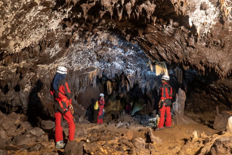Kenampakan ornamen Gua Salukang Kallang di Maros, Sulawesi Selatan.