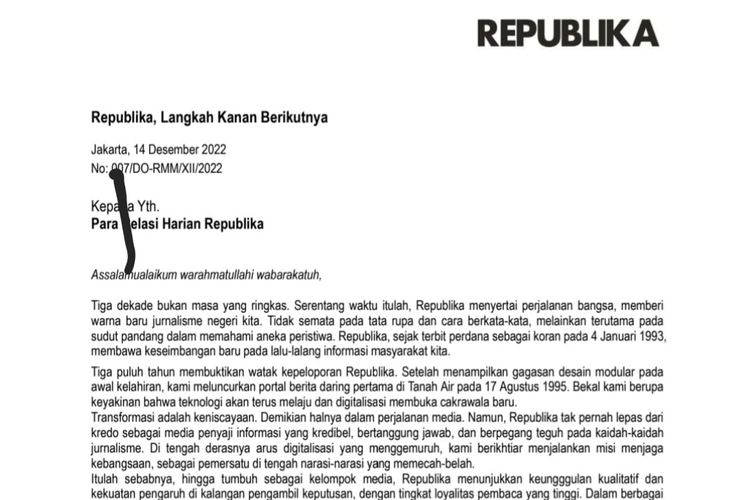 Surat edaran Harian Republika