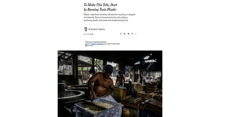 Pemberitaan New York Times mengenai penggunaan limbah plastik sebagai bahan bakar.