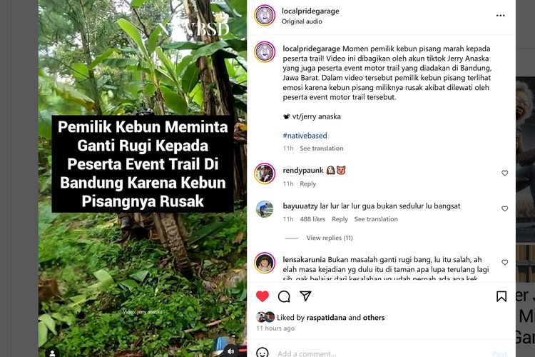 Video viral di media sosial memperlihatkan seorang pemilik kebun pisang yang marah kepada pengendara motor trail. Pemilik kebun itu marah karena kebunnya rusak dijadikan jalan peserta event off road.