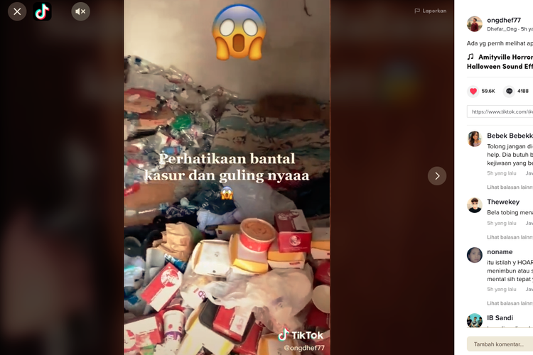 Tangkapan layar video yang ramai di TikTok yang memperlihatkan kamar indekos yang penuh sampah.