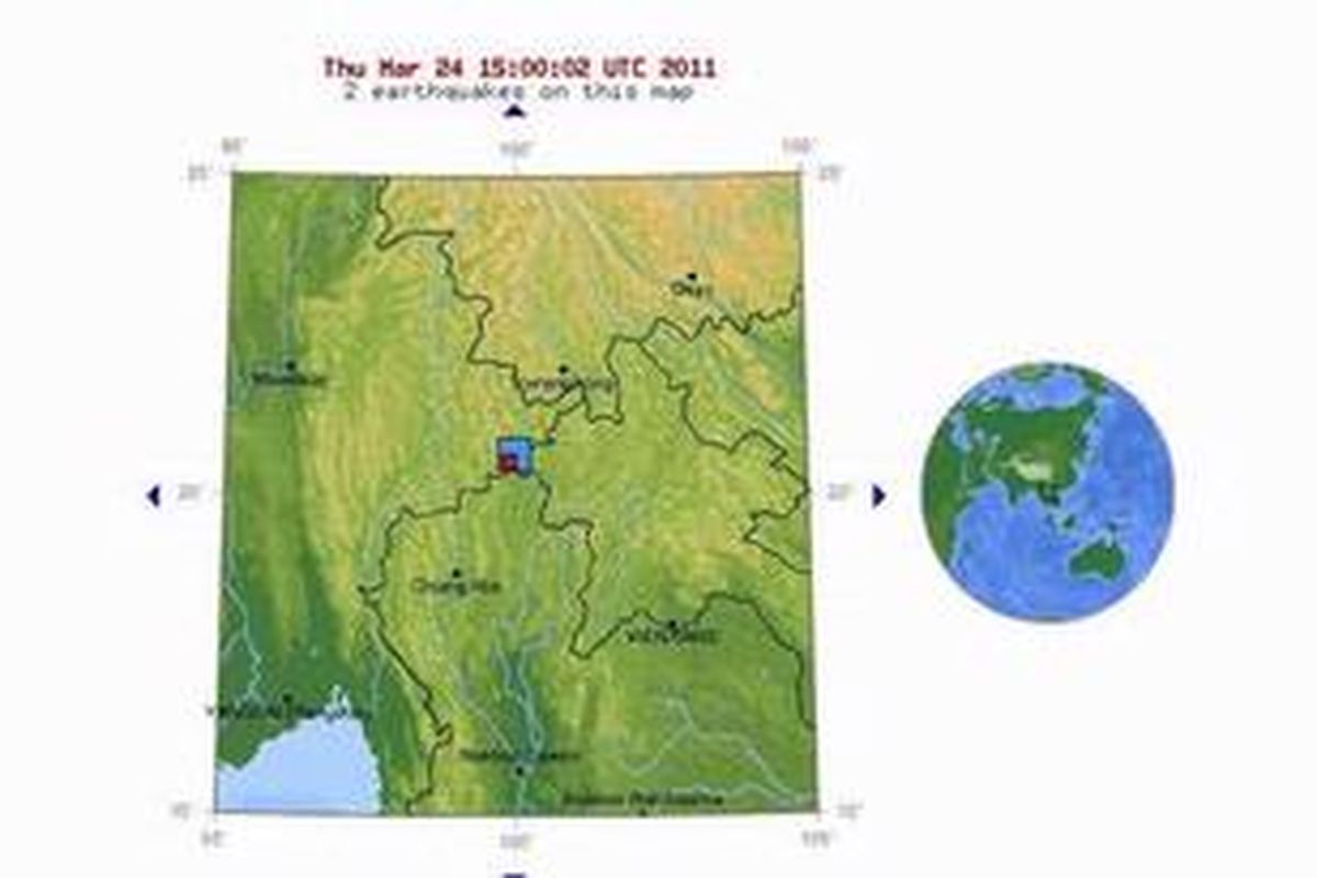 Pusat gempa pertama (biru dan merah) di Thailand, Kamis (24/3/2011).